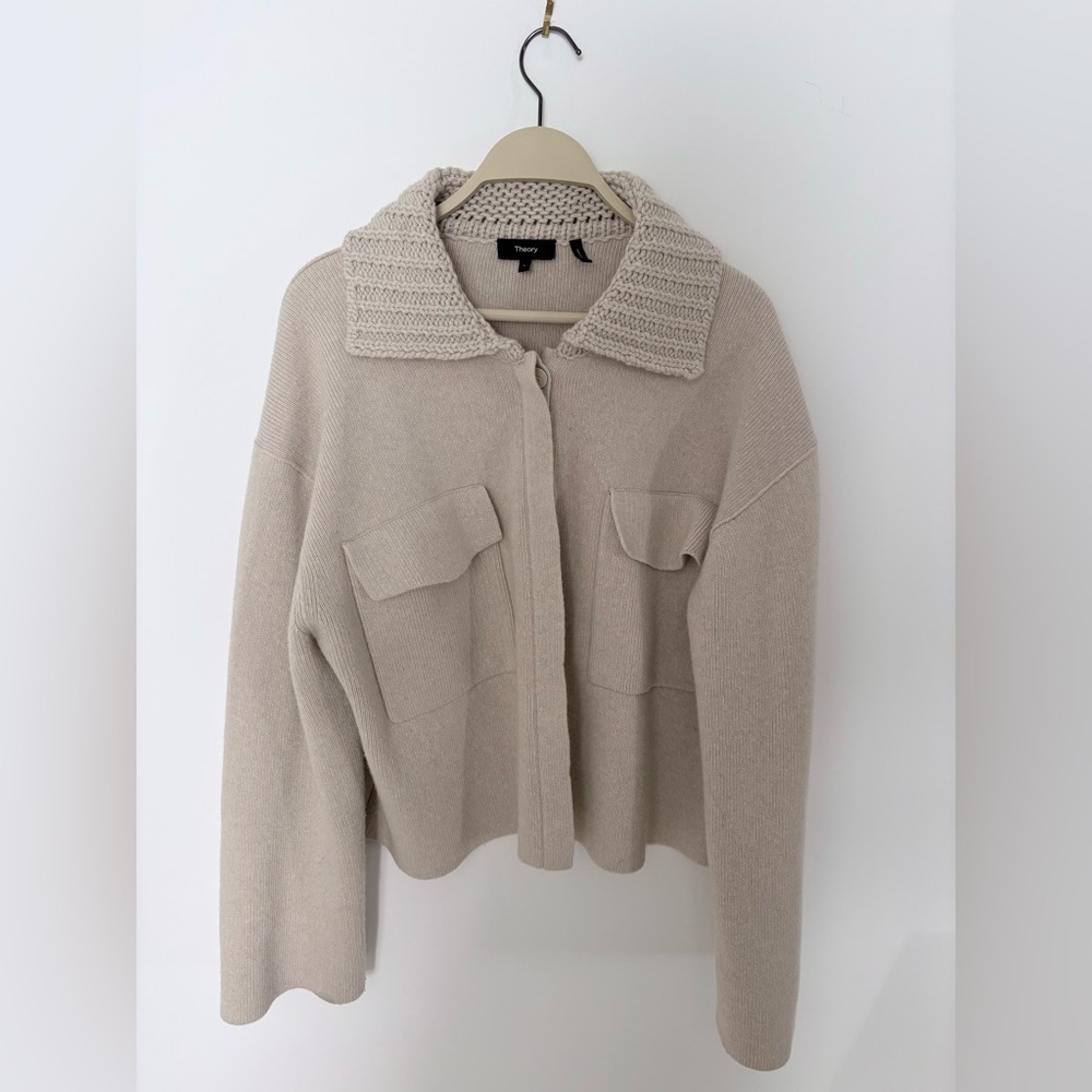 Theory Cream Knit Cardigan with Crochet Detail